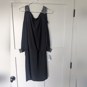 Dressbarn Black Dress with shoulder cutout and sequin sleeves